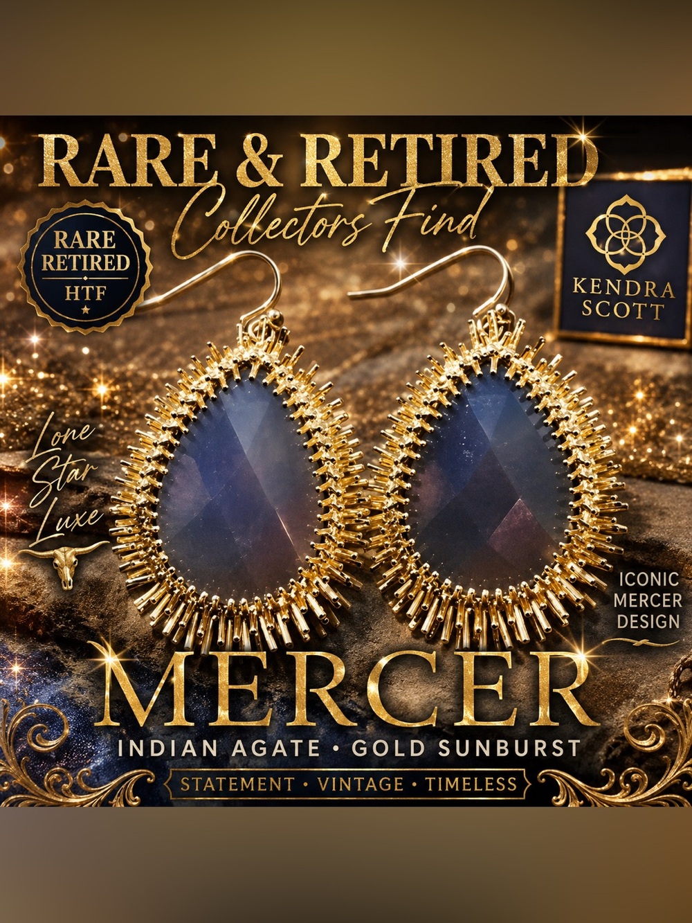 Retired Kendra Scott Mercer Earrings Indian Agate Gold Sunburst Collector HTF